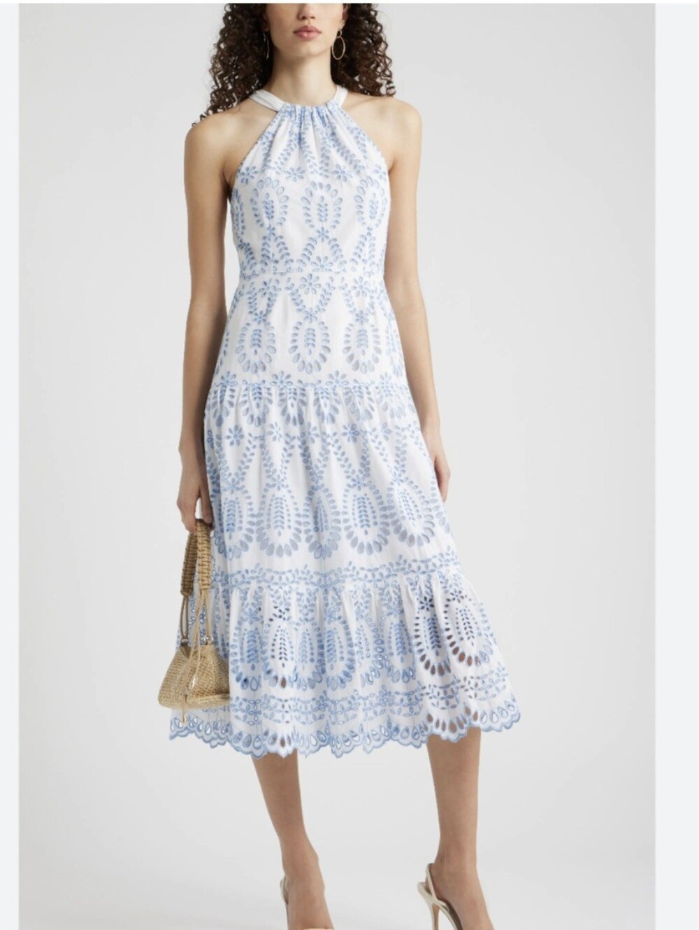 Chelsea 28 Size Medium Tiered Midi Eyelet Dress New WITH REPAIR Blue & White